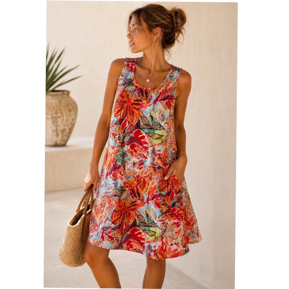 C&C California Women Red Tropical Monstera Leaf 100% Linen Shift Mini Dress XS